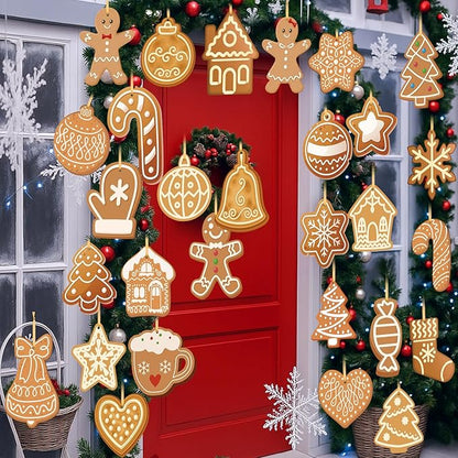Rtteri 30 Pcs Christmas Gingerbread House Decorations Bulk 5 x 6 Inch Double Sided Snowflake Gingerbread Candy Canes Plastic Hanging Ornaments for Xmas Tree Yard Porch Lawn Holiday Decorations