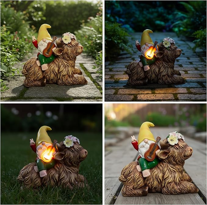 Spring Garden Paly The Violin Gnome Highland Cow Solar Statues, Summer Gnome Outdoor Resin Sculpture Decor for Home Table Patio Lawn Yard Porch Balcony, Housewarming