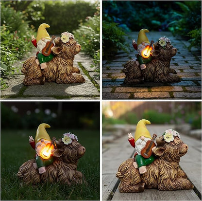 Spring Garden Paly The Violin Gnome Highland Cow Solar Statues, Summer Gnome Outdoor Resin Sculpture Decor for Home Table Patio Lawn Yard Porch Balcony, Housewarming