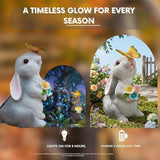 Solar Garden Statues Rabbit with Butterfly and LED Solar Flower Lights, Cute Waterproof Resin Outdoor Decorations for Patio Yard Lawn, Gifts for Housewarming
