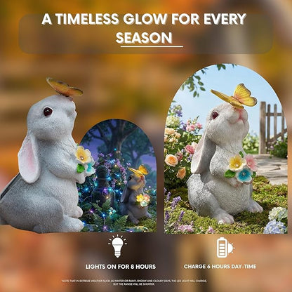 Solar Garden Statues Rabbit with Butterfly and LED Solar Flower Lights, Cute Waterproof Resin Outdoor Decorations for Patio Yard Lawn, Gifts for Housewarming