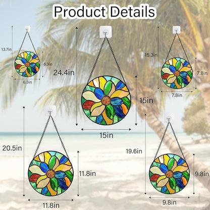 Stained Glass Window Hanging Colorful Flowers Large 11.8" - Abstract Suncatcher Door Terrace Garden Sun Catcher Home Decor Birthday Christmas for Mom Men Woman Nana Wife