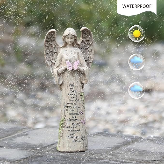 Topadorn Angel Statue Decoration for Garden & Patio, Standing Angel with Butterfly Memorial Resin Figurine Sculpture Ornament, Waterproof Antique Stone, 10''H