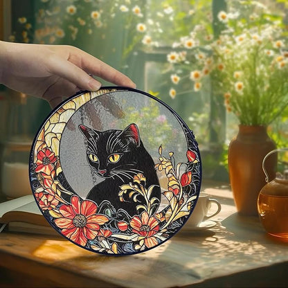 Black Cat Stained Glass Suncatcher, Cat Floral Window Hanging Decor, Memorial Pet Loss Sympathy Ornament, Home Garden Decor, Christmas, Birthday, for Grandma, Friends, Mom, Women
