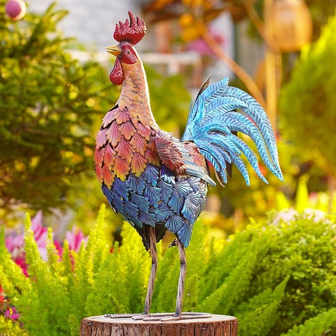 Goodeco Garden Rooster Outdoor Statue - 21 Inch Yard Decor, Perfect Gardening & Housewarming Gifts, Home and Outdoor Red Rooster Decor - Stylish Metal Design