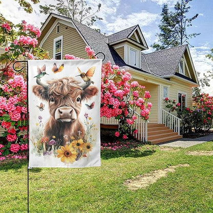 Floral Highland Cow Garden Flags 12×18 Inch Mushrooms Hummingbirds Butterfly Double Sided Decorative Yard Banner Seasonal Flag for Outdoor Outside Decor