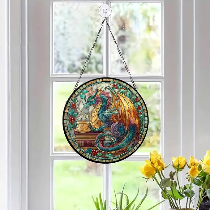 7.8" Dragon Suncatcher Stained Glass Window Hanging Fantasy Book Sun Catchers Celestial Reading Ornament Wall Art Home Room Library Decor Birthday for Readers Women Men