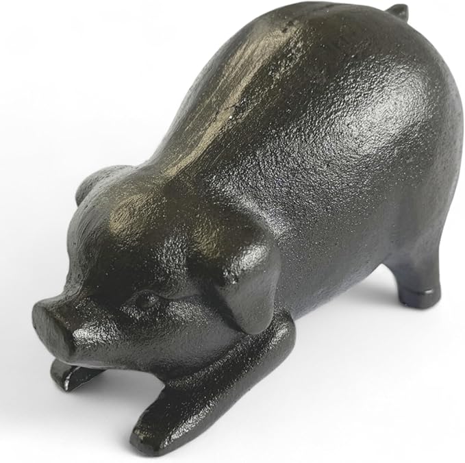 NACH Cast Iron Pig Statue - Rustic Garden Sculpture, Black Door Stop/Paperweight, Head Down Pig, JS-90-7152