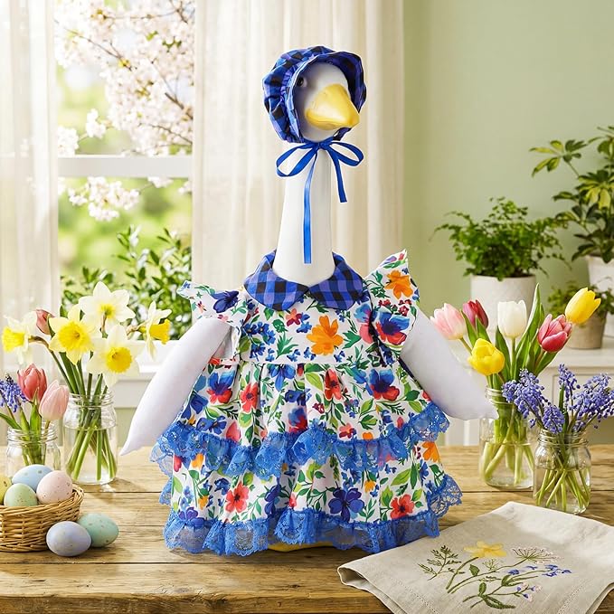 Abbylike 1 Set Spring Porch Goose Outfits Flower Lolita Dress Hat Floral Goose Clothes Costume Fits Large 23'' Cement for Spring Summer Outdoor Garden Yard Patio Lawn Statue Pathway Art Decorations