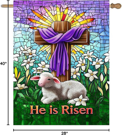 Christian Easter Garden Flags for Outside 28x40 Double Sided He Is Risen House Flag Religious Easter Lamb Decor Stained Glass Cross Flag Lily Spring Outdoor Flag Large