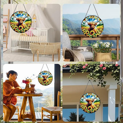 Rngmsi Highland Cow Stained Glass Window Hanging, 7.8" Sunflower Cow Sun Catchers Indoor Window Decor, Suncatchers for Windows Hanging Gifts for Women