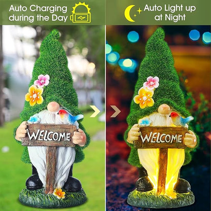 Rossesay 2 Pcs Solar Garden Gnomes Outdoor Decorations with Welcome Sign, Waterproof Resin Gnome Statues with Lights for Outside Yard Patio Porch Decor, Mothers Day Gifts for Mom Grandma Women