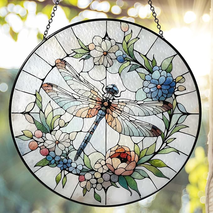 Dragonfly Sun Catcher 6.3‘’ Dragonfly Gifts for Women Stained Glass Window Hanging Sun Catchers Indoor Window Wall Decor Handmade SunCatcher Decoration for Garden Home Housewarming Gifts