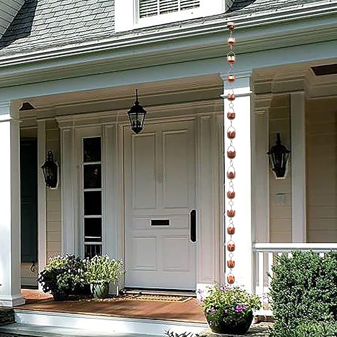 Pure Copper Garden rain Chain-Functional and Decor Replacement for Gutter Downspouts. Decor Rain Chime and Fountain. Lotus Design. One Free Adapter. 8.5 ft Length and 3 in Diameter,TF96325