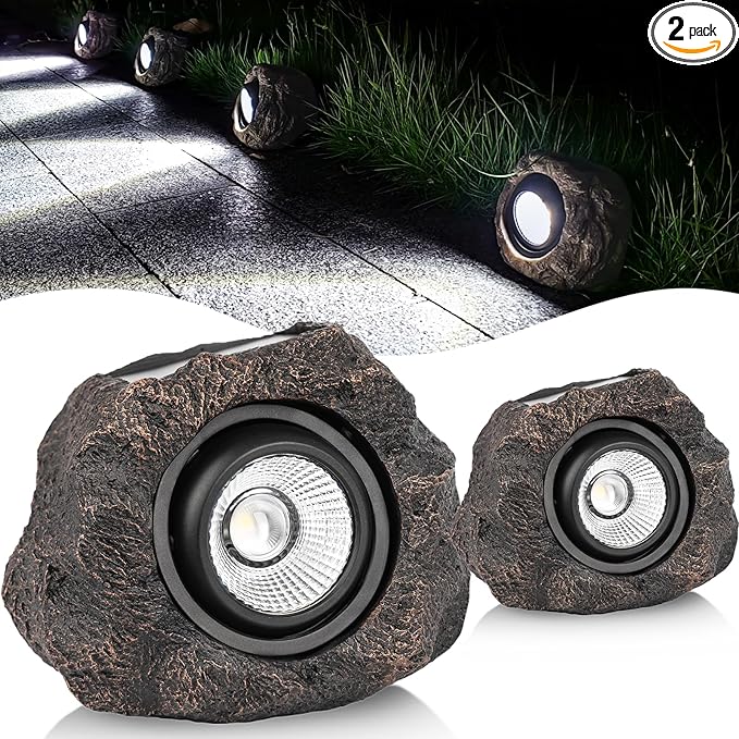 Candieslife Solar Rock Lights Outdoor Garden Waterproof - Super Bright LED Solar Spotlights, Solar Powered Landscape Path Decorative Garden Stone Lights for Pathway, Walkway, Yard, Patio (2 Pack)