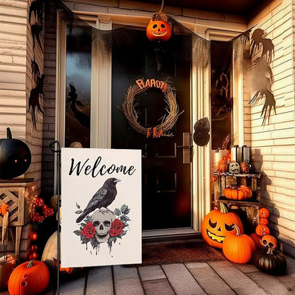 Halloween Welcome Garden Flag Skull Floral Rose Crow Double Sided Vertical Yard Flag Day Of The Dead Bird Rest Bird Floral House Flags 12 x 18 Inches Holiday Villa Outdoor Decorative