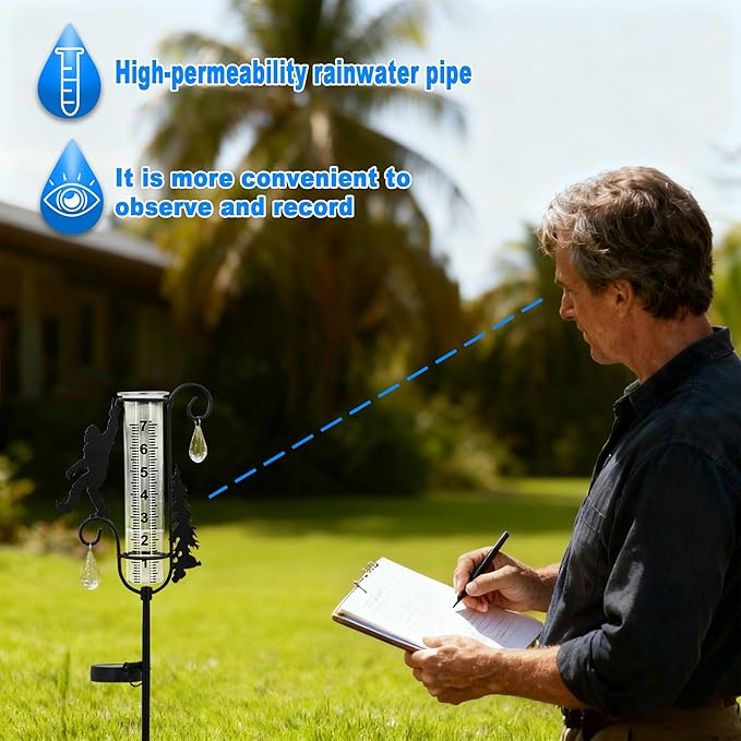 J-Fly Solar Light Rain Gauge, Black Metal Sasquatch Design with Glass Tube, 7 Inch Decorative Garden Stake for Outdoor Weather Measurement, Yard Decor
