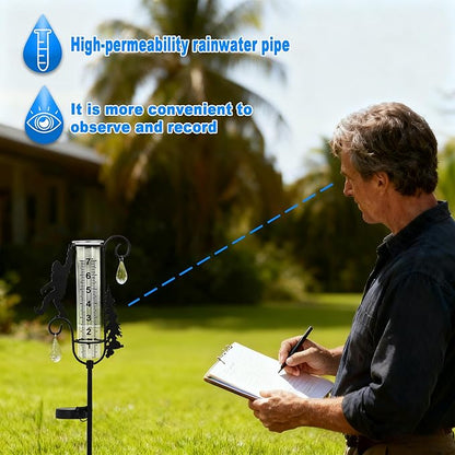 J-Fly Solar Light Rain Gauge, Black Metal Sasquatch Design with Glass Tube, 7 Inch Decorative Garden Stake for Outdoor Weather Measurement, Yard Decor