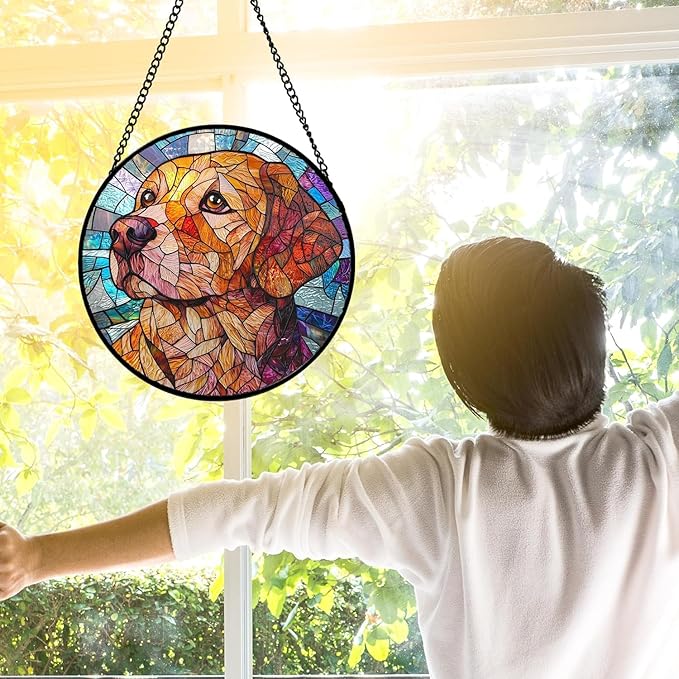 DASTOLL Stained Glass Window Hanging, Cute Dog Abstract Sun Catchers Colorful Glass Panel Texture Suncatcher Decor for Birthday for Women, Men, Wife, Aunt, and Mom 14.9x14.9 in