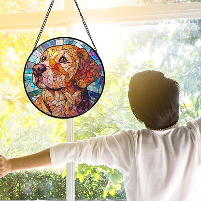 DASTOLL Stained Glass Window Hanging, Cute Dog Abstract Sun Catchers Colorful Glass Panel Texture Suncatcher Decor for Birthday for Women, Men, Wife, Aunt, and Mom 14.9x14.9 in