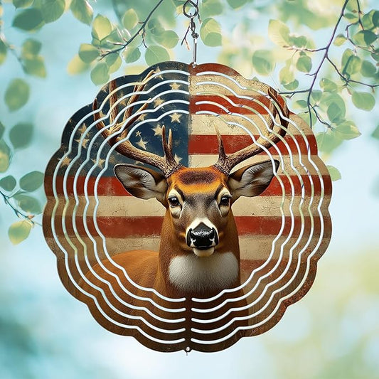 Deer American Flag Wind Spinners Outdoor, Hanging Wind Spinner for Garden Decoration, 8 inch 3D Stainless Steel Metal Wind Sculpture for Indoor/Outdoor Decor