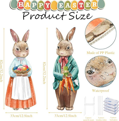 Capoda 2 Pack Easter Decorations Outdoor Yard Signs Bunnies 32.2 x 12.9 Inch Easter Eggs Yard Stake with H Stands for Holiday Party Spring Patio Lawn Garden Decor(Bunny Style)