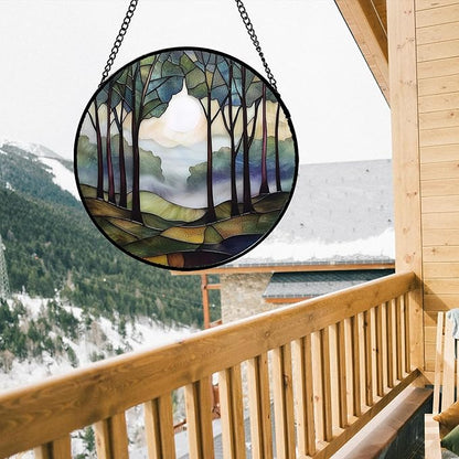 DASTOLL Stained Glass Window Hanging, Green Brown Smoke Forest Moon Suncatcher for Doors Window Home Tree Sun Catchers Decor Mother's Day Birthday Gifts for Women, Men Mom 9.8 in