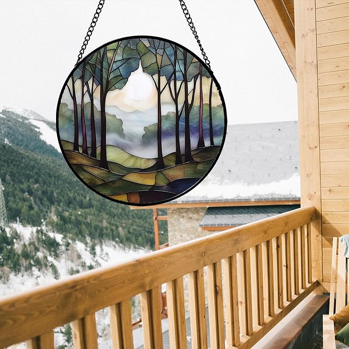 DASTOLL Stained Glass Window Hanging, Green Brown Smoke Forest Moon Suncatcher for Doors Window Home Tree Sun Catchers Decor Mother's Day Birthday Gifts for Women, Men Mom 15 in