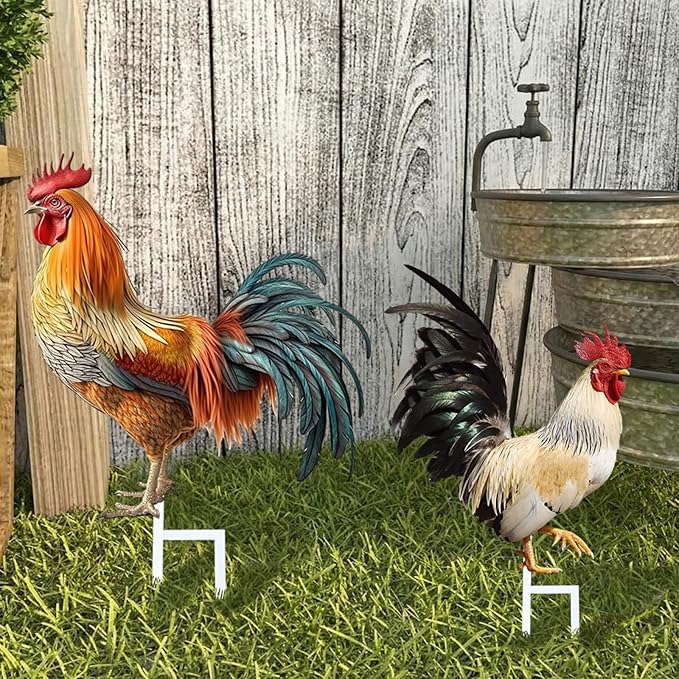 Riakrum 4 Pcs Metal Rooster Outdoor Garden Statues Decor Yard Chicken Decorations Metal Chicken Sculpture for Backyard Patio Kitchen Decor & Lawn Ornaments, 2 Size