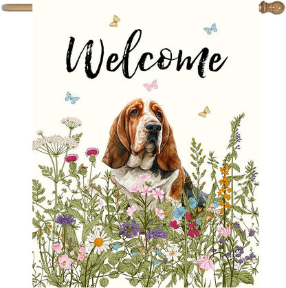 Floral Basset Hound Garden Flag Spring Summer House Flags 28 x 40 Double Sided Flower Dog Yard Flags for Outside Large Outdoor Welcome Flags