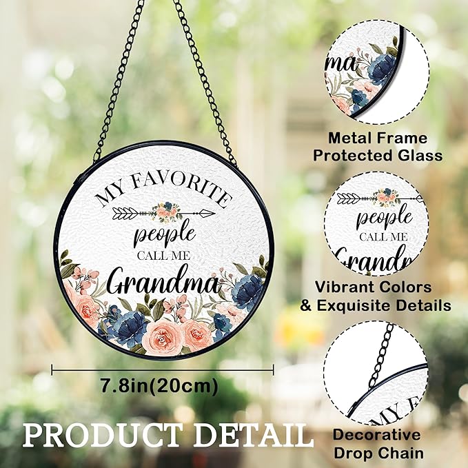 Grandma Gifts Suncatchers Stained Glass Window Hanging, Grandmother Gifts for Mother's Day, My Favorite People Call Me Grandma Sun Catchers Indoor Window, 7.9x7.9in
