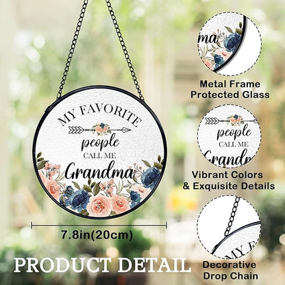 Grandma Gifts Suncatchers Stained Glass Window Hanging, Grandmother Gifts for Mother's Day, My Favorite People Call Me Grandma Sun Catchers Indoor Window, 7.9x7.9in