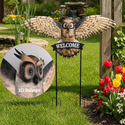 Decorative Garden Stakes Large Vintage Owl with Welcome Sign for Front Door 37.2W*35.2H, Metal Yard Art Oversized Rustic Lawn Ornaments Outdoor Decor for Mothers Day Garden Gifts