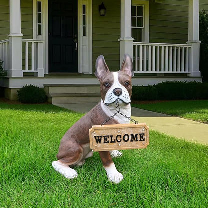 Playful French Bulldog Dog Sculpture with Solar Lantern & Double-Sided 'On Patrol' & 'Welcome' Signposts – Cute Resin Statue for Garden, Yard, Patio Decor
