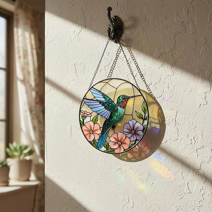 Hummingbird Stained Glass Suncather for Window Hanging, 9'' Hummingbird Ornament Gift for Women, Nature-Inspired Wall Art Home Decor Gifts for Mom, Grandma (Green Bird, 9'')