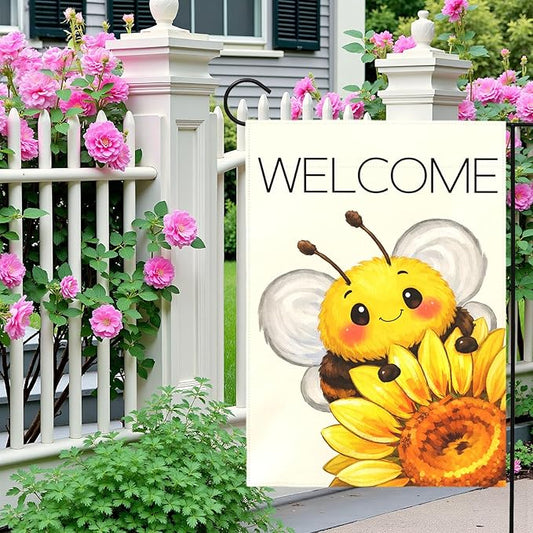 Welcome Garden Flag Cute Bee with Sunflower Outdoor Yard Flags Spring Summer Garden Double Sided Bee Banner for Lawn Yard Porch Patio Farmhouse Rustic Outdoor Seasonal Home Decor 12x18 Inch