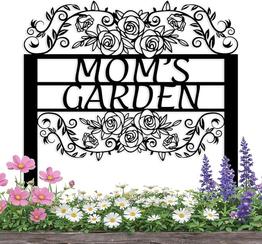 Custom Metal Garden Sign with Flowers, Personalized Garden Metal Stake with Rose, Flower Garden Name Decor, Custom sign for Outside, Customized Gardening Decoration, Yard Art, Gift for Mom, Grandmom