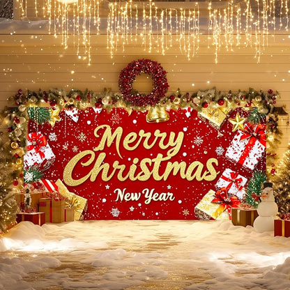IVN Christmas Garage Door Cover Decoration 13x6ft Red Glitter Wrapped Gifts Golden Bells Snowflakes Merry Christmas Winter Garage Door Banner Home Door Front Yard Decor for Xmas Eve Holiday Outdoor