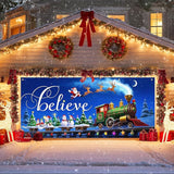 IVN Christmas Garage Door Cover Decoration 13x6ft Night Sky Train Sleigh and Stars Merry Christmas Garage Door Banner Home Door Front Yard Decor for Xmas Eve Holiday Outdoor