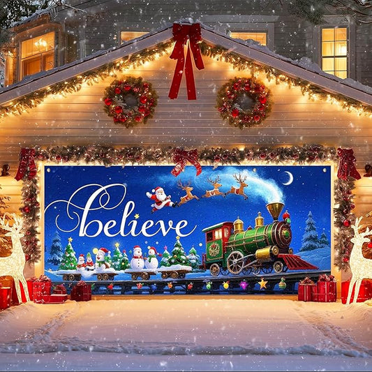 IVN Christmas Garage Door Cover Decoration 13x6ft Night Sky Train Sleigh and Stars Merry Christmas Garage Door Banner Home Door Front Yard Decor for Xmas Eve Holiday Outdoor
