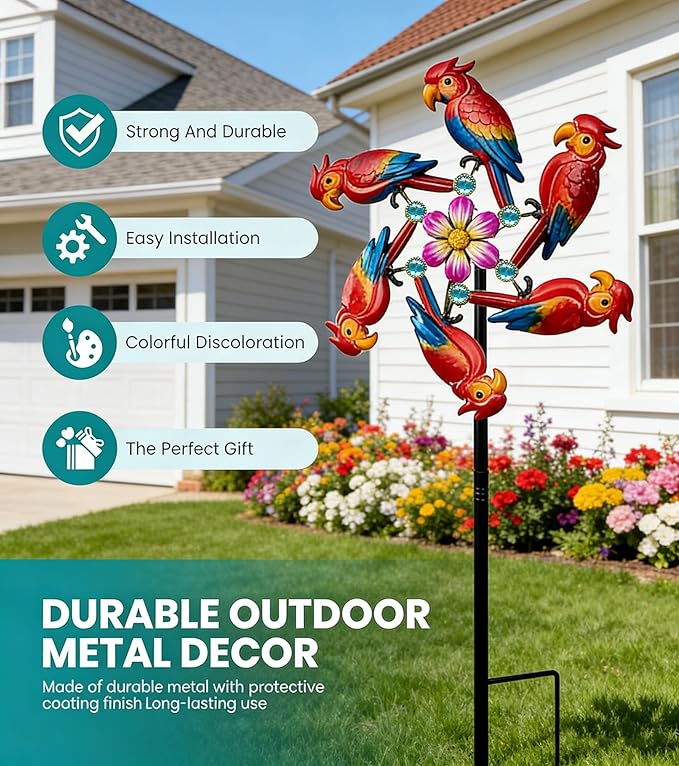 44" Parrot Garden Wind Spinners - Metal Outdoor Stakes Kinetic Wind Spinner Windmills Decor, Wind Sculpture Yard Art Decorations for Patio, Lawn & Garden