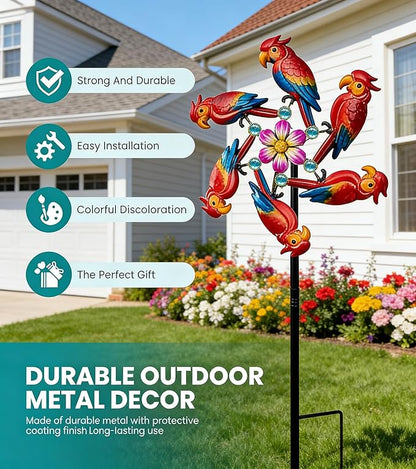44" Parrot Garden Wind Spinners - Metal Outdoor Stakes Kinetic Wind Spinner Windmills Decor, Wind Sculpture Yard Art Decorations for Patio, Lawn & Garden