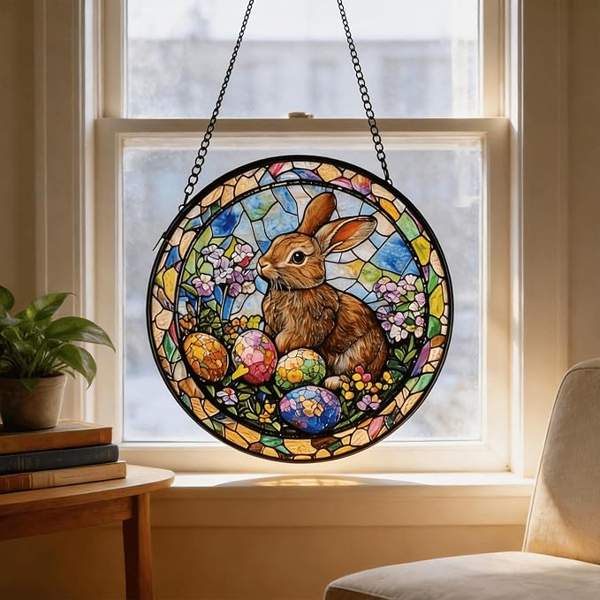 Sun Catcher Stain Glass,Rabbit Suncatcher Stained Glass Decor for Window Hanging, Gardening Gifts for Women with 9.8 Inch