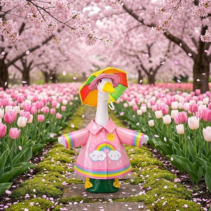 DECOHS 3 Pcs/Set Raincoat Porch Goose Outfits, Summer Lawn Goose Statue Raincoat Costume, Yard Goose Clothes Raincoats Umbrella Hat Outfit for 23" Statue Patio Garden Decoration (Pink Rainbow)