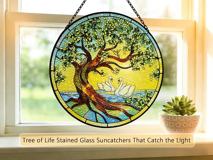 Stained Glass Window Hangings, Tree of Life with Hummingbird Suncatchers for Window, Treasured Gift for Mom, Grandma, Family and Friends (Tree of Life with Geese, 6.7x6.7 in)