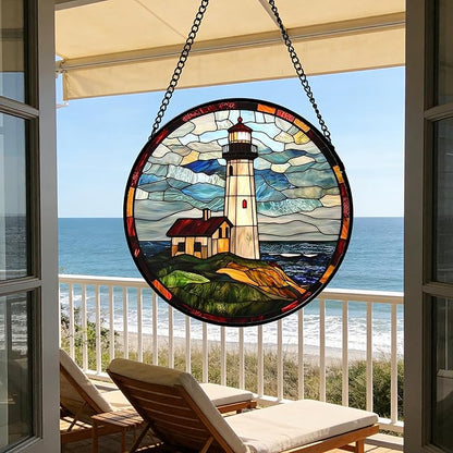 DASTOLL Stained Glass Window Hanging, Ocean Lighthouse Sun Catchers Glass Panel Blue Green Suncatcher Decor for Birthday for Women, Men, Wife, Aunt, and Mom 9.8 in