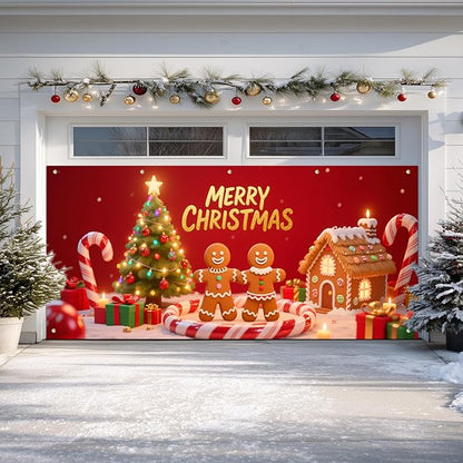 IVN Christmas Gingerbread Garage Door Banner 6x13 ft Holiday Backdrop with Cookies Tree Gifts Garage Door Covers Decorative Garage Door Cover Mural for Outdoor Decor