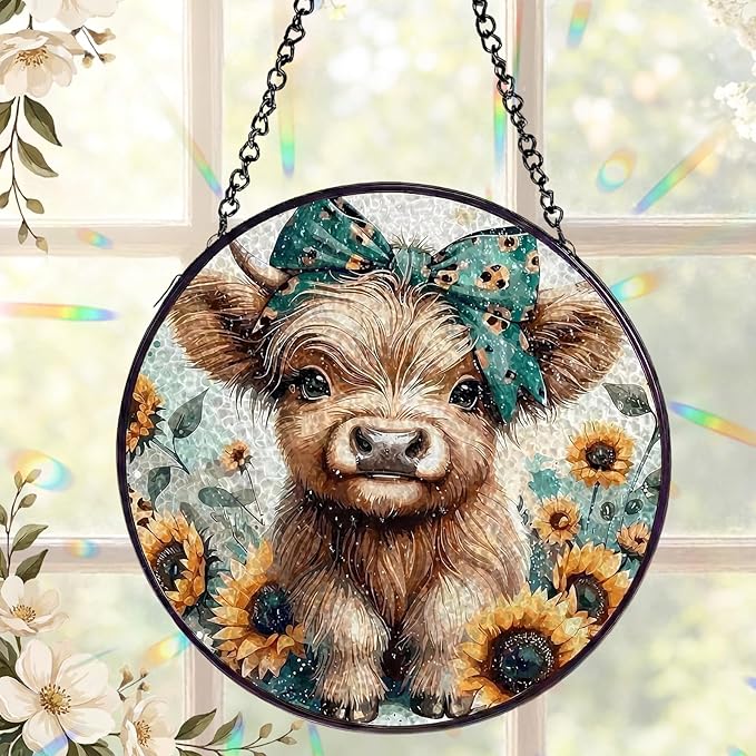Mifoci 6.3 Inch Stained Glass Window Hanging Highland Cow Suncatchers Indoor Window Gifts for Highland Cow Lovers Room Office Decor Aesthetic