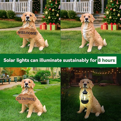 Outdoor Golden Retriever Dog Statue with Interchangeable Welcome Sign Detachable Garden Dog Sculpture Décor Garden Statue Outdoor Dog Statue Solar Lights Statue Outdoor Garden Decor