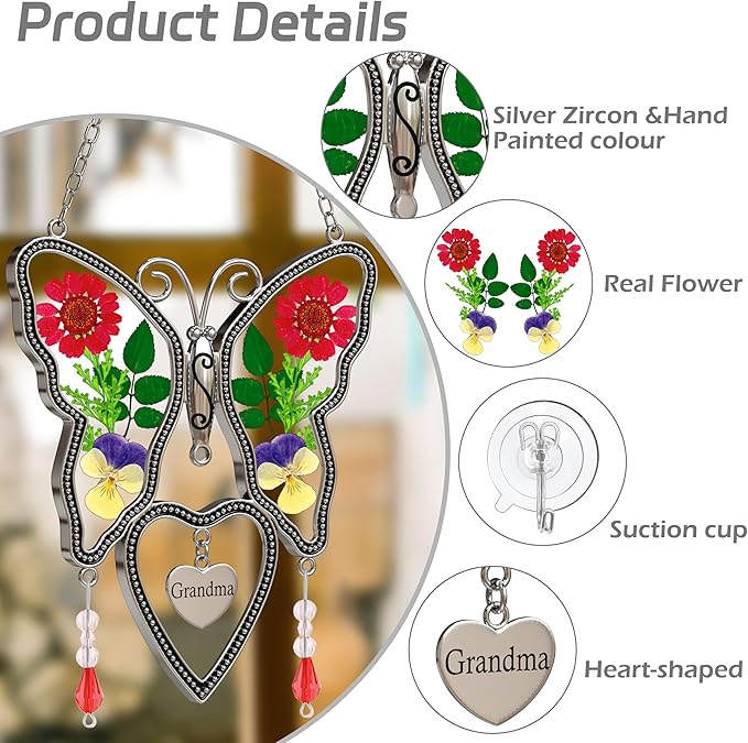 Suncatcher Grandma Butterfly Heart Shaped Glass Suncatcher with Pressed Flower Nana Gifts Wind Chimes with Real Flowers, Pendant Birthday Gifts for Grandma Mother`s Day Indoor Décor